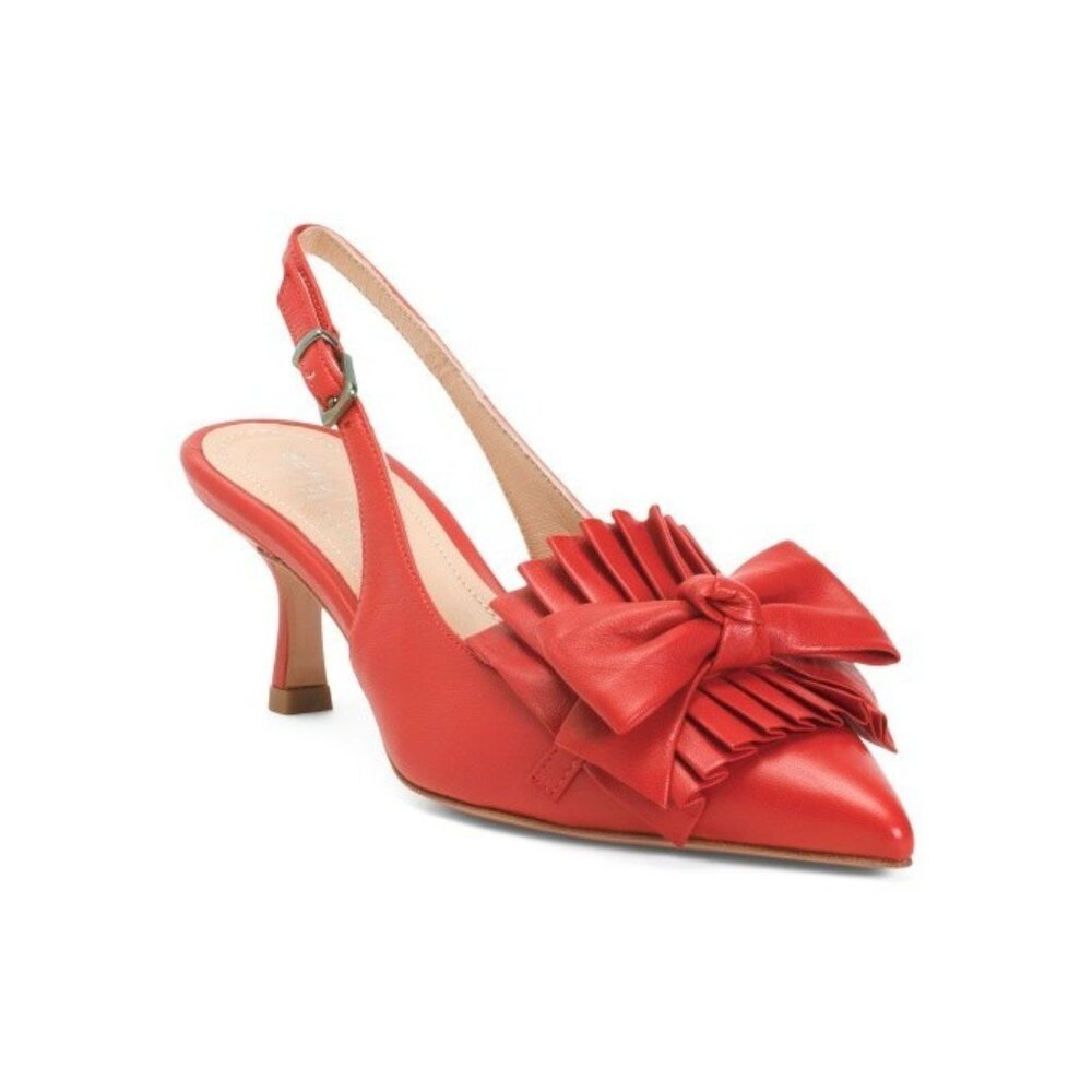 Beautiisoles Fiorella Red Leather Shoes Pointed Toe Slingback Pumps SZ 6.5 NEW